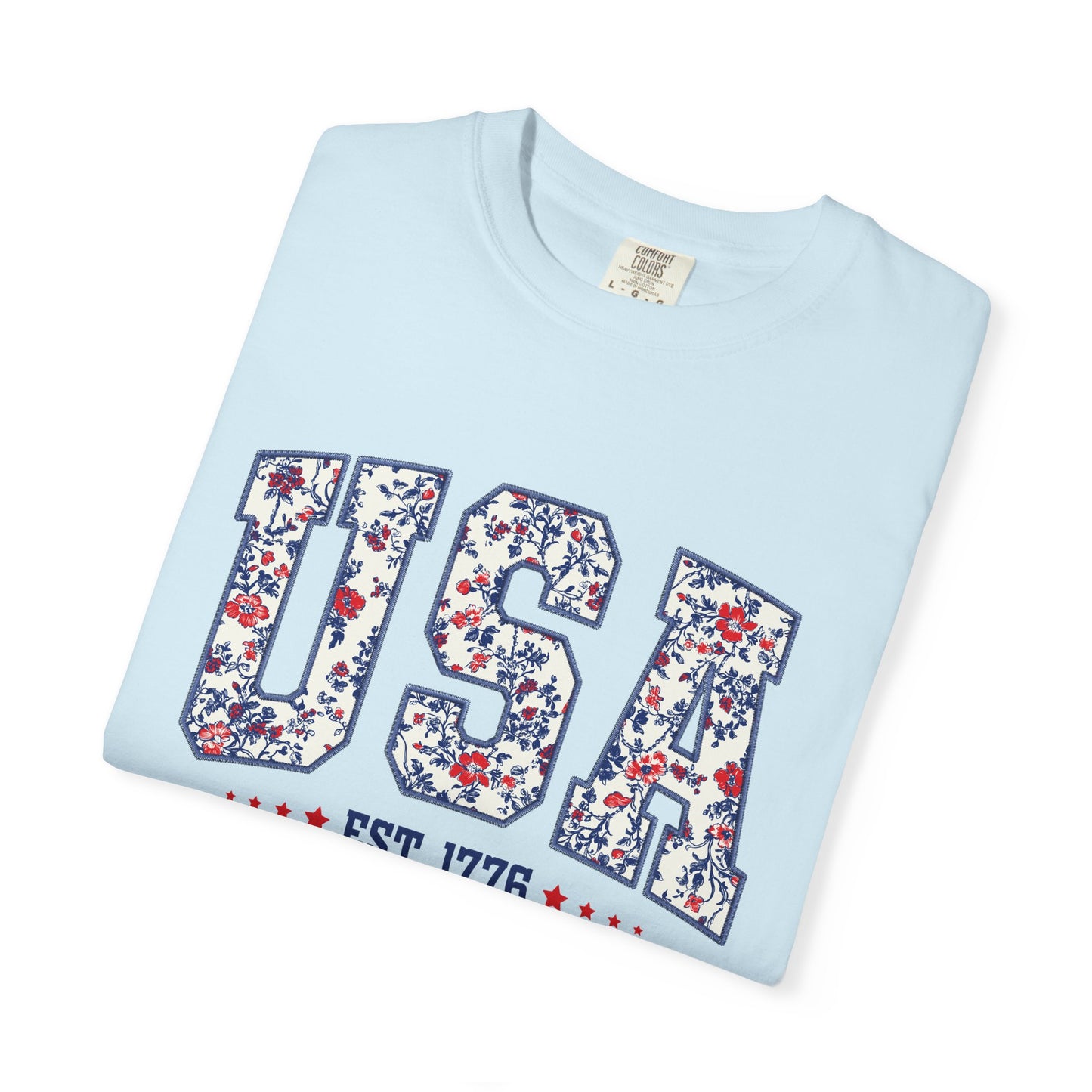 Comfort Colors Floral USA Shirt, 4th of July Shirt, America Est 1776 T-shirt, independence day Shirt, red white and blue shirt, patriotic