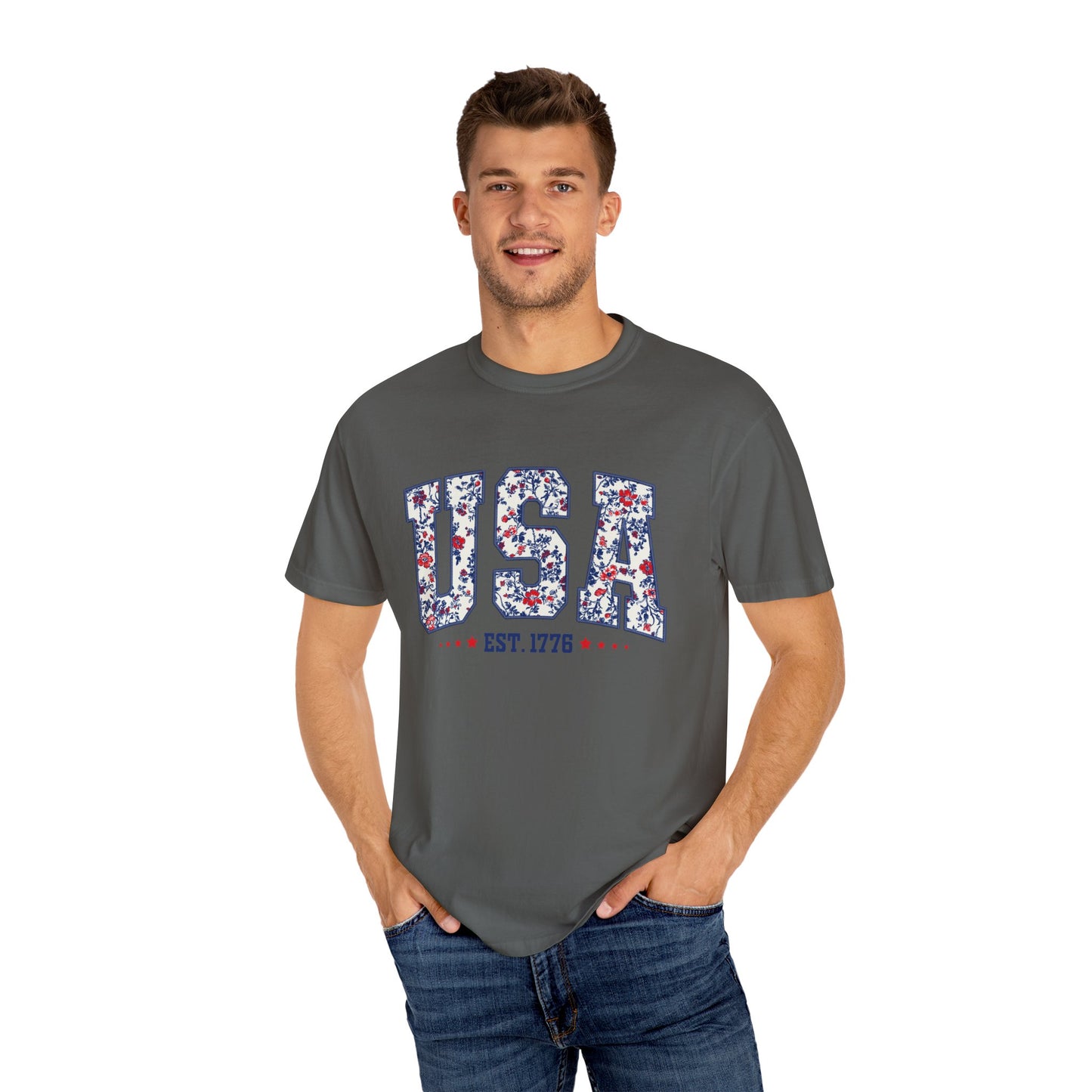 Comfort Colors Floral USA Shirt, 4th of July Shirt, America Est 1776 T-shirt, independence day Shirt, red white and blue shirt, patriotic