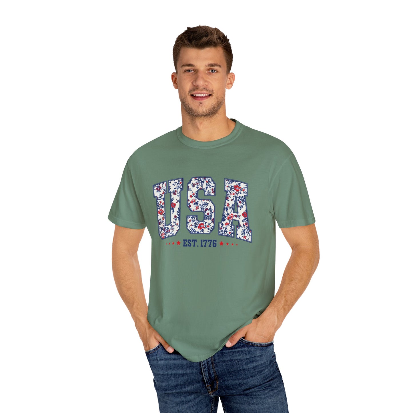 Comfort Colors Floral USA Shirt, 4th of July Shirt, America Est 1776 T-shirt, independence day Shirt, red white and blue shirt, patriotic