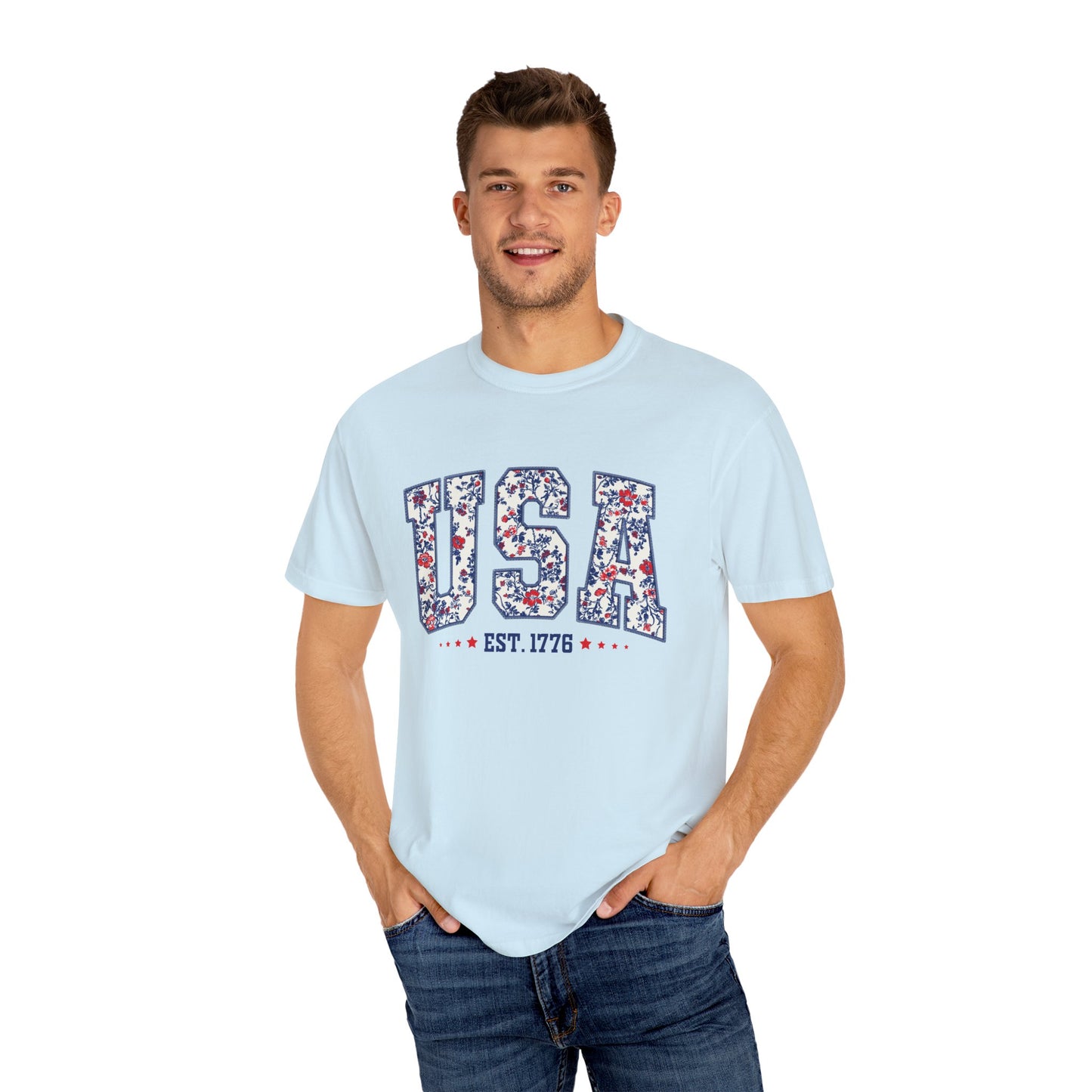 Comfort Colors Floral USA Shirt, 4th of July Shirt, America Est 1776 T-shirt, independence day Shirt, red white and blue shirt, patriotic