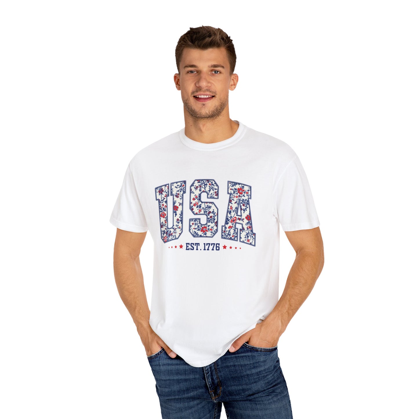 Comfort Colors Floral USA Shirt, 4th of July Shirt, America Est 1776 T-shirt, independence day Shirt, red white and blue shirt, patriotic