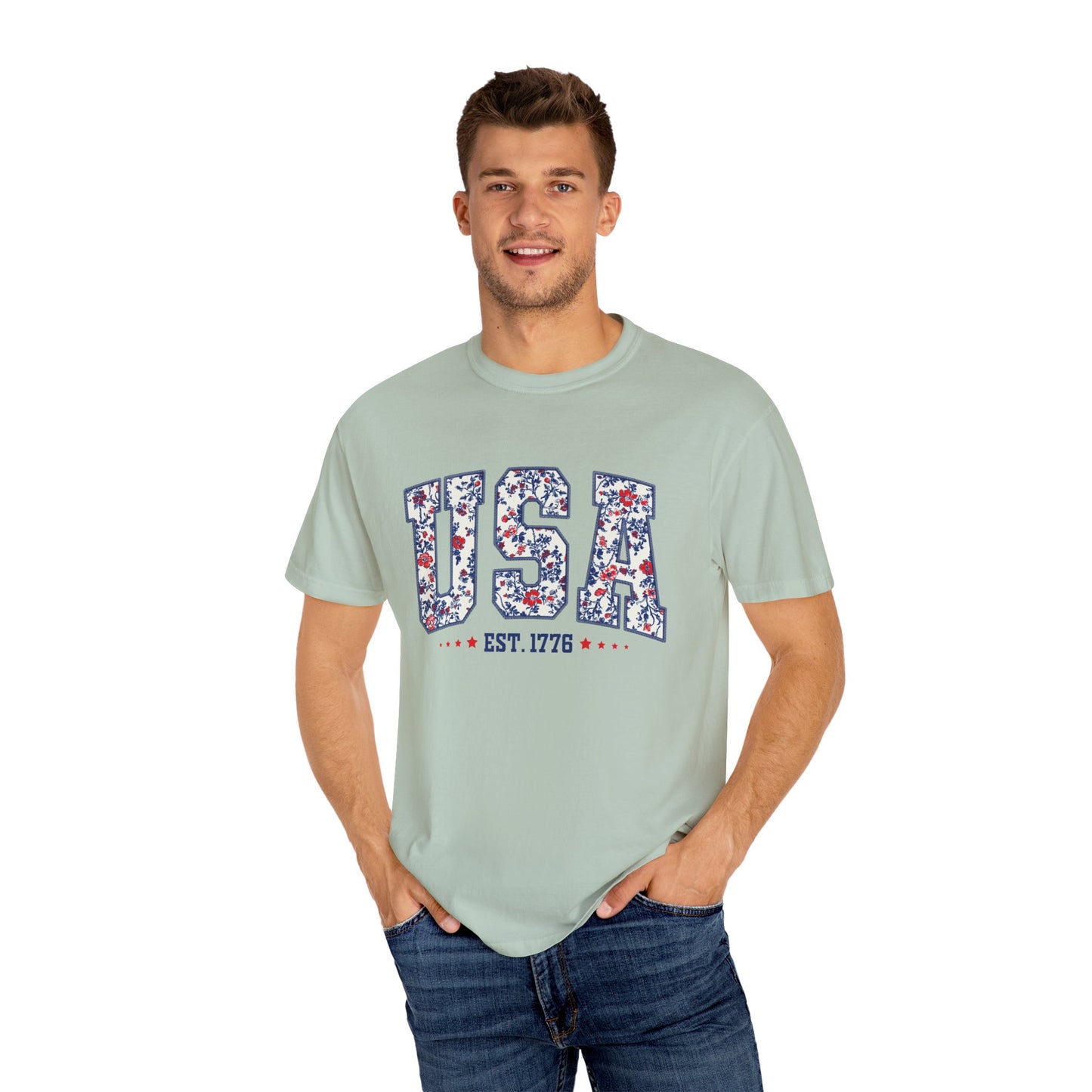 Comfort Colors Floral USA Shirt, 4th of July Shirt, America Est 1776 T-shirt, independence day Shirt, red white and blue shirt, patriotic