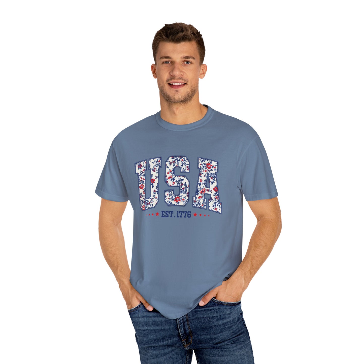 Comfort Colors Floral USA Shirt, 4th of July Shirt, America Est 1776 T-shirt, independence day Shirt, red white and blue shirt, patriotic
