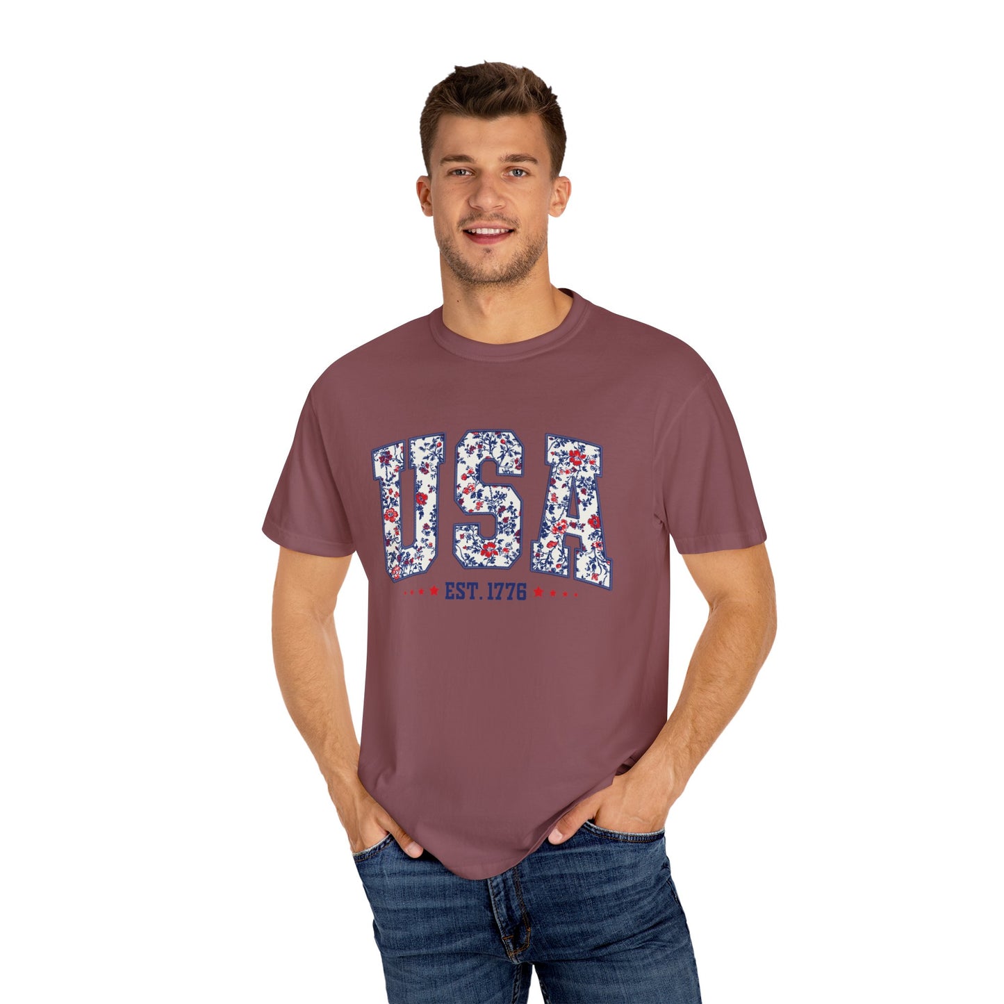 Comfort Colors Floral USA Shirt, 4th of July Shirt, America Est 1776 T-shirt, independence day Shirt, red white and blue shirt, patriotic