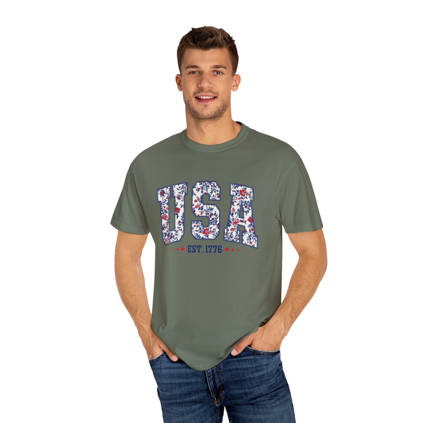 Comfort Colors Floral USA Shirt, 4th of July Shirt, America Est 1776 T-shirt, independence day Shirt, red white and blue shirt, patriotic