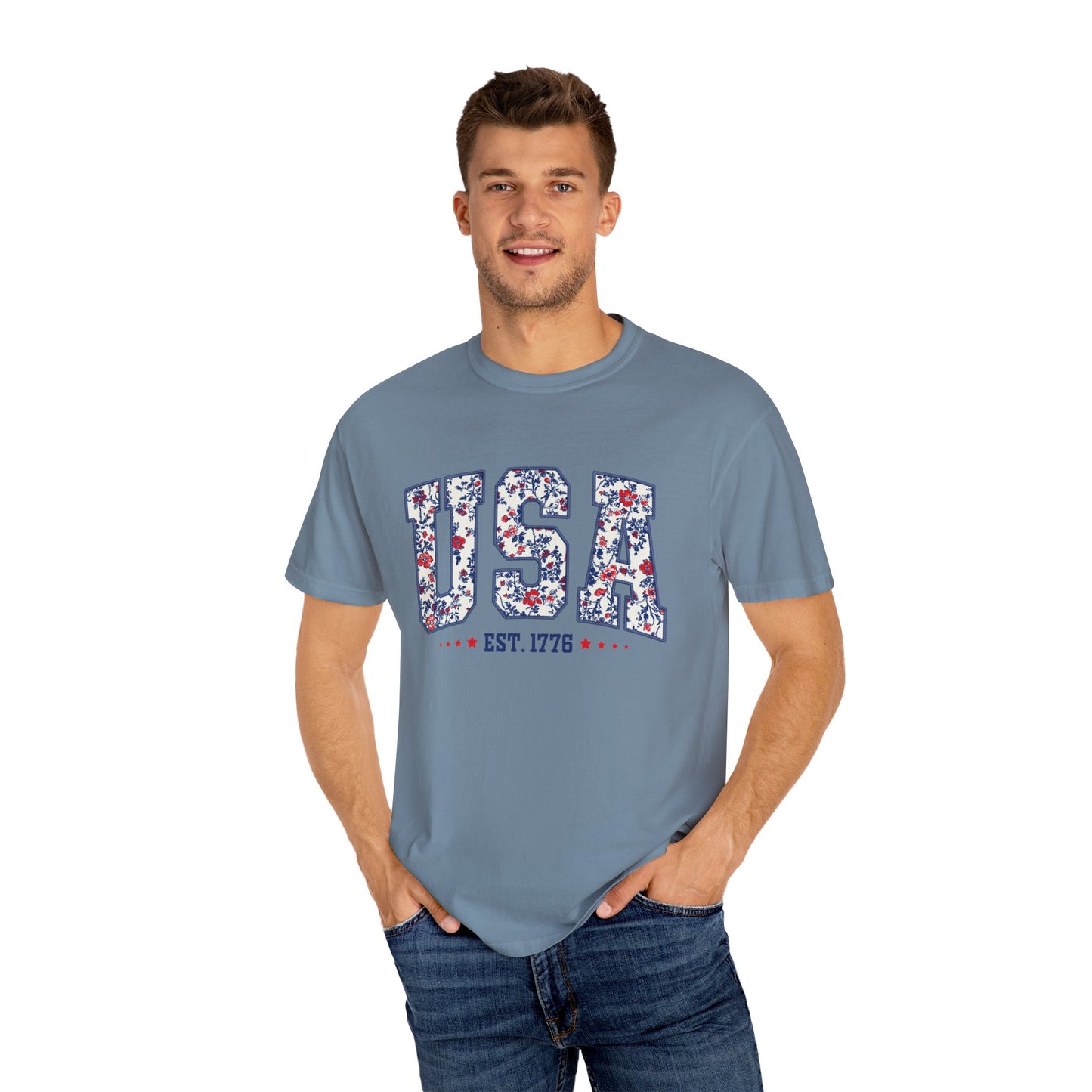 Comfort Colors Floral USA Shirt, 4th of July Shirt, America Est 1776 T-shirt, independence day Shirt, red white and blue shirt, patriotic