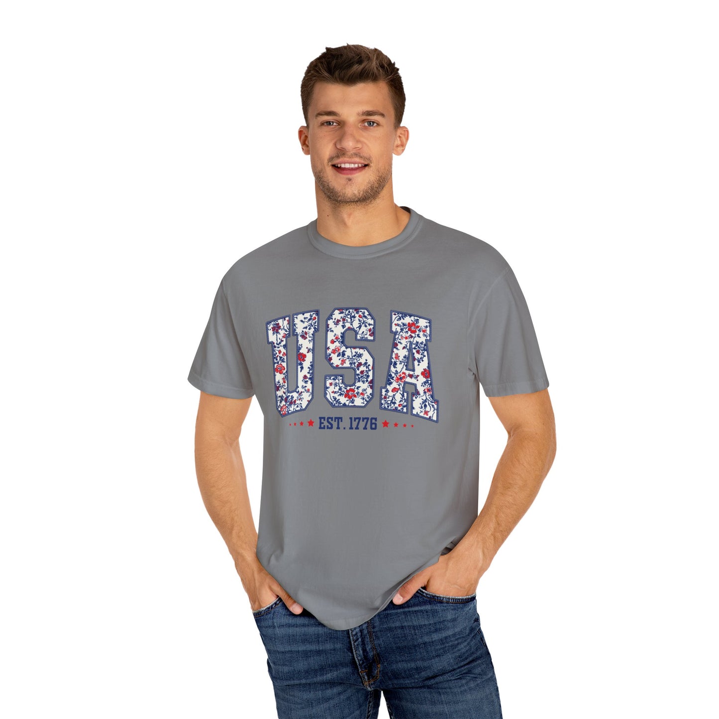 Comfort Colors Floral USA Shirt, 4th of July Shirt, America Est 1776 T-shirt, independence day Shirt, red white and blue shirt, patriotic