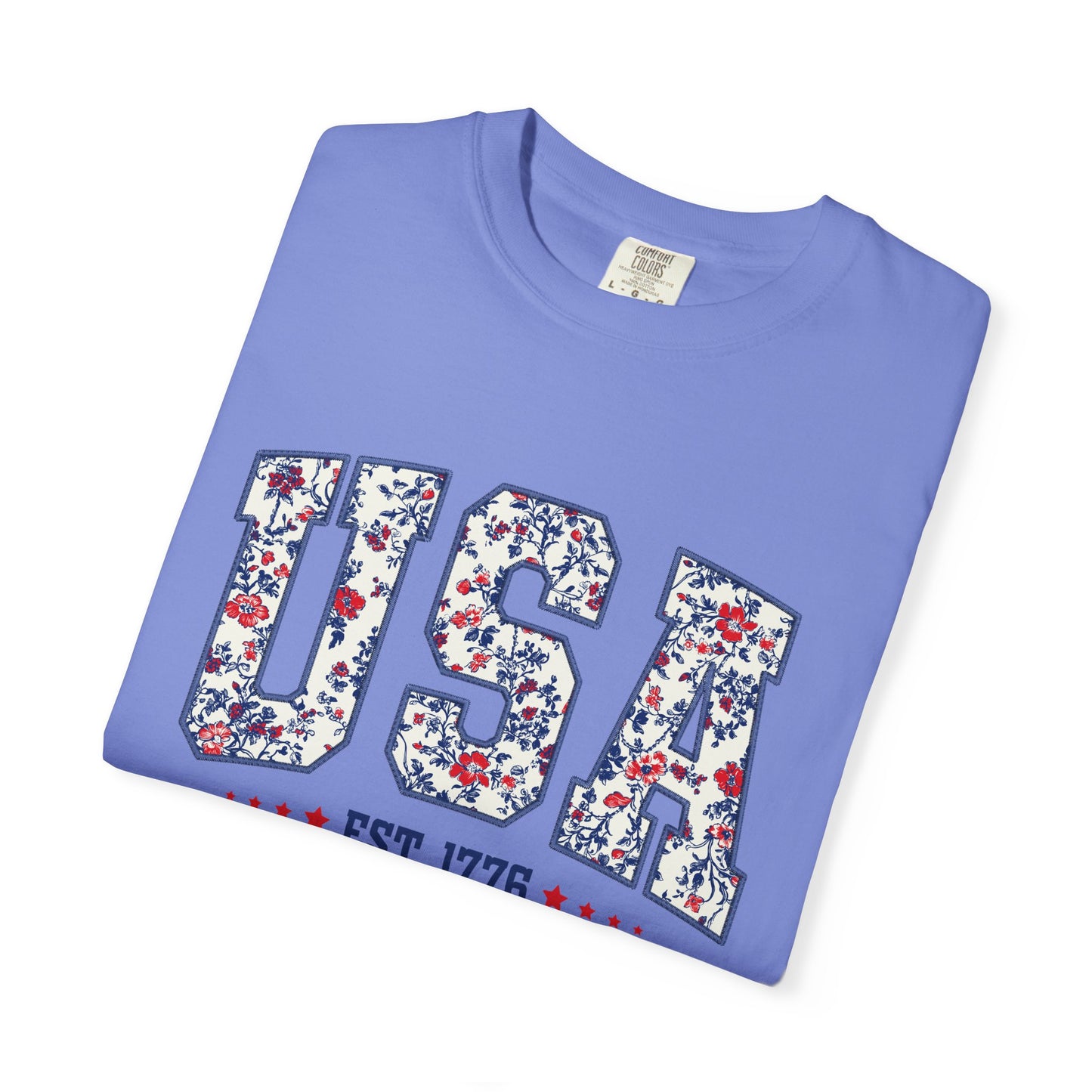 Comfort Colors Floral USA Shirt, 4th of July Shirt, America Est 1776 T-shirt, independence day Shirt, red white and blue shirt, patriotic