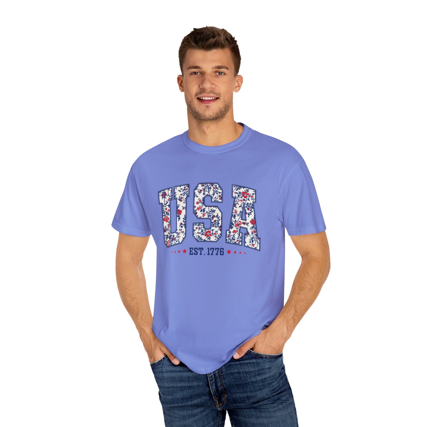 Comfort Colors Floral USA Shirt, 4th of July Shirt, America Est 1776 T-shirt, independence day Shirt, red white and blue shirt, patriotic