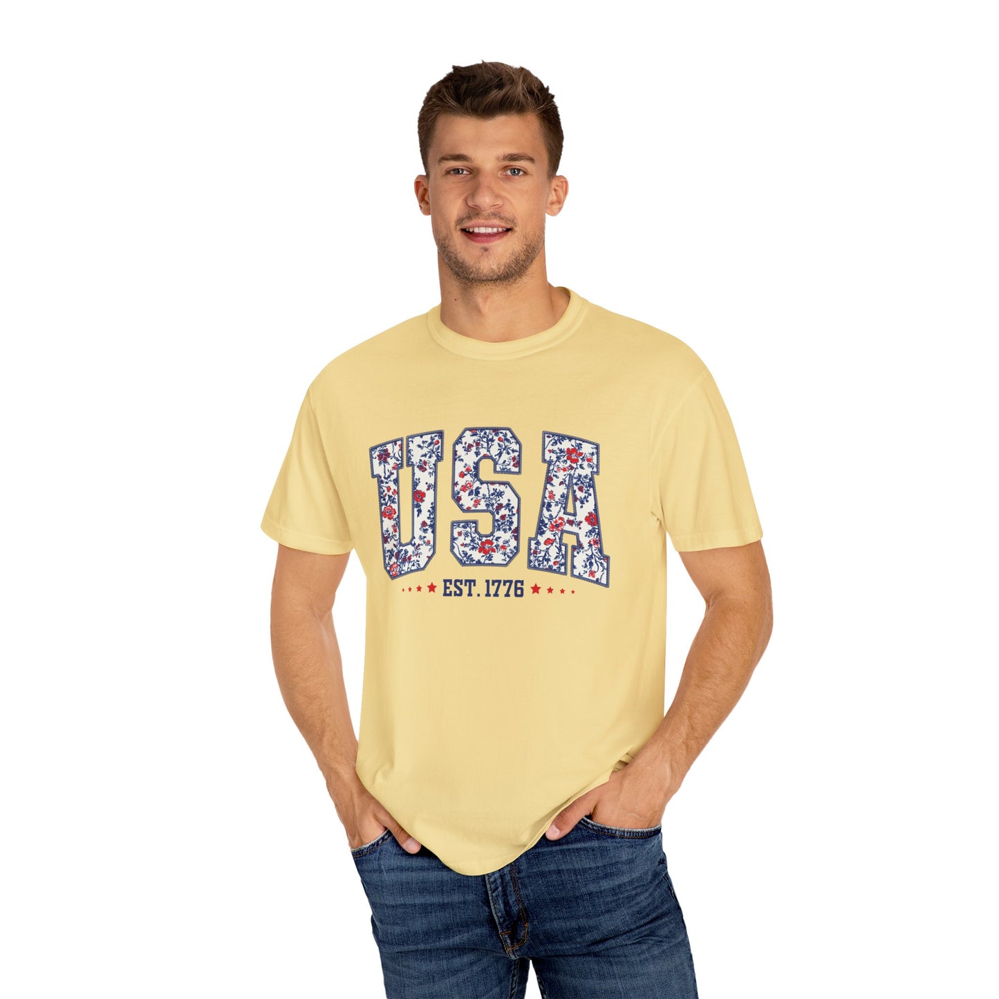 Comfort Colors Floral USA Shirt, 4th of July Shirt, America Est 1776 T-shirt, independence day Shirt, red white and blue shirt, patriotic