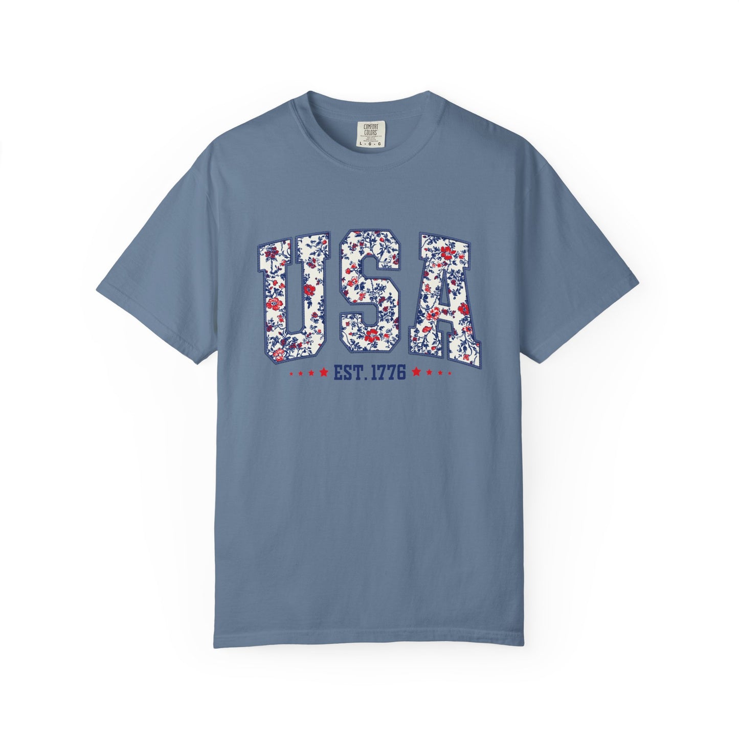 Comfort Colors Floral USA Shirt, 4th of July Shirt, America Est 1776 T-shirt, independence day Shirt, red white and blue shirt, patriotic
