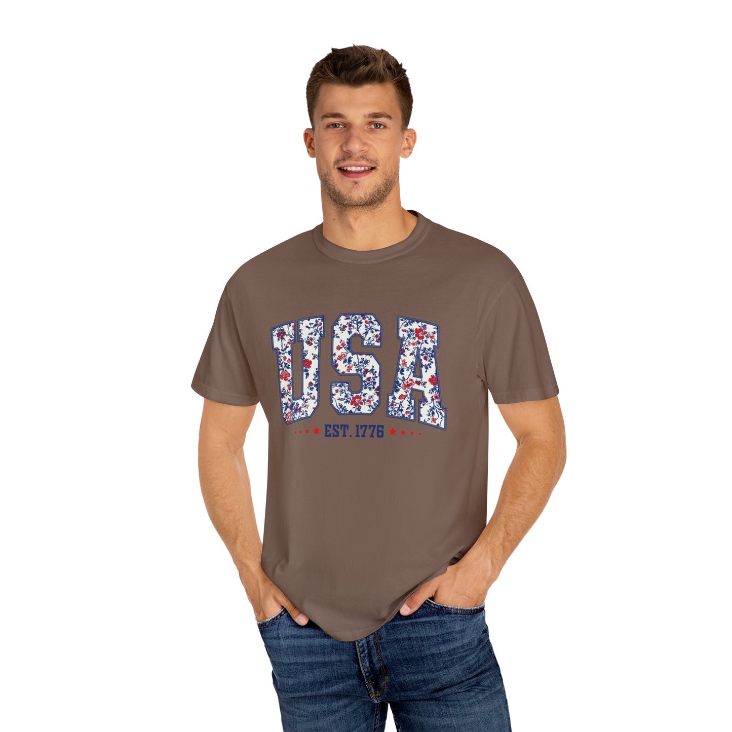 Comfort Colors Floral USA Shirt, 4th of July Shirt, America Est 1776 T-shirt, independence day Shirt, red white and blue shirt, patriotic