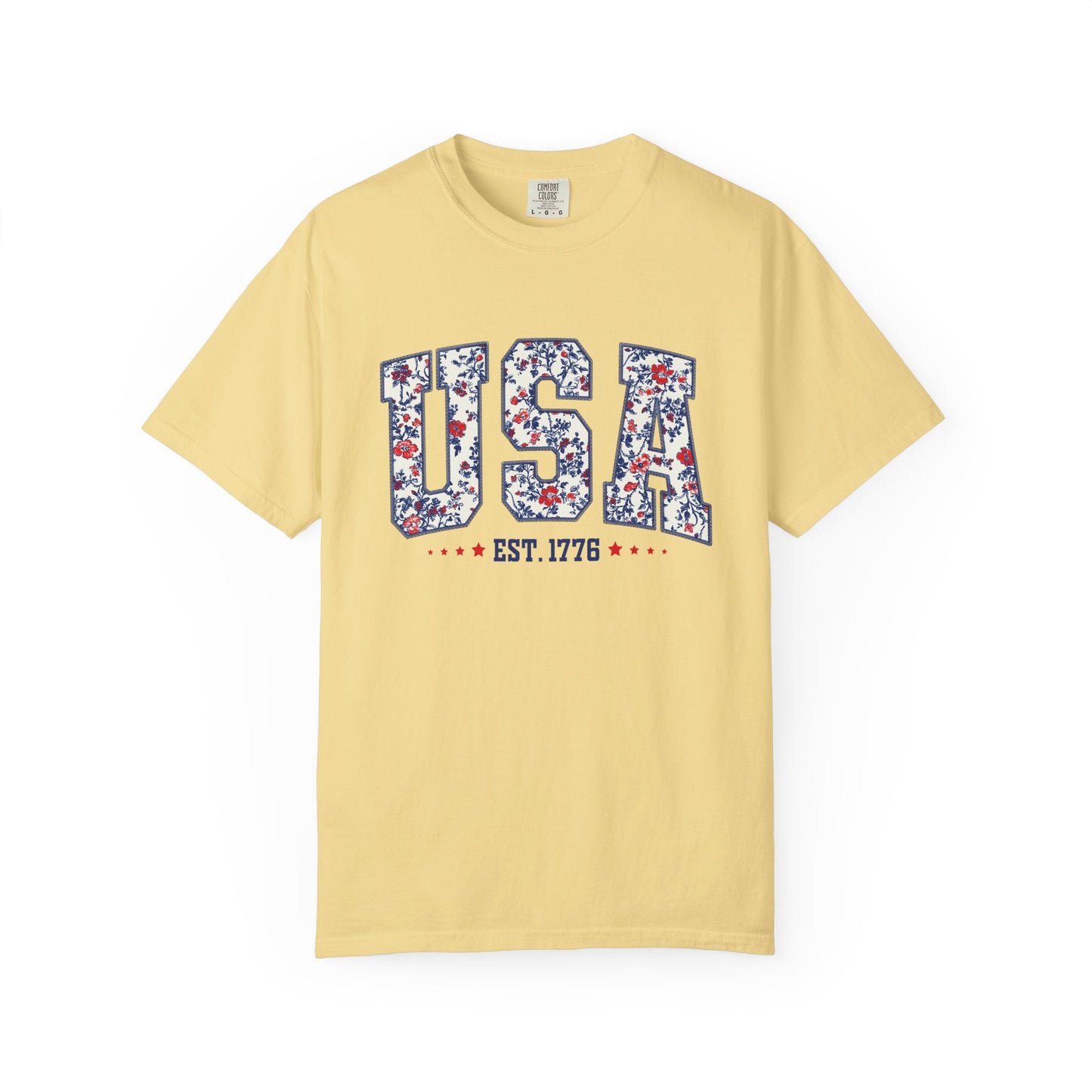Comfort Colors Floral USA Shirt, 4th of July Shirt, America Est 1776 T-shirt, independence day Shirt, red white and blue shirt, patriotic