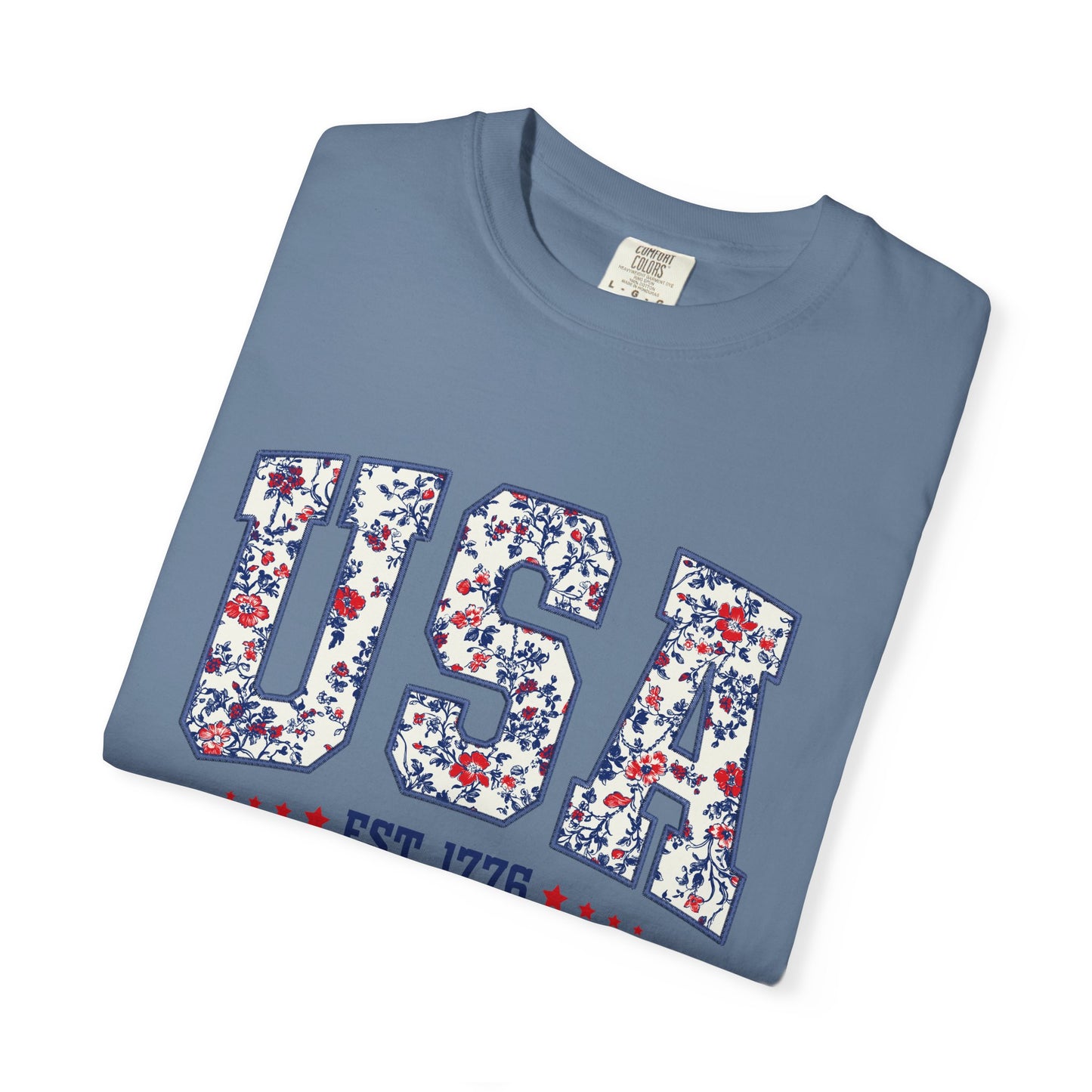 Comfort Colors Floral USA Shirt, 4th of July Shirt, America Est 1776 T-shirt, independence day Shirt, red white and blue shirt, patriotic