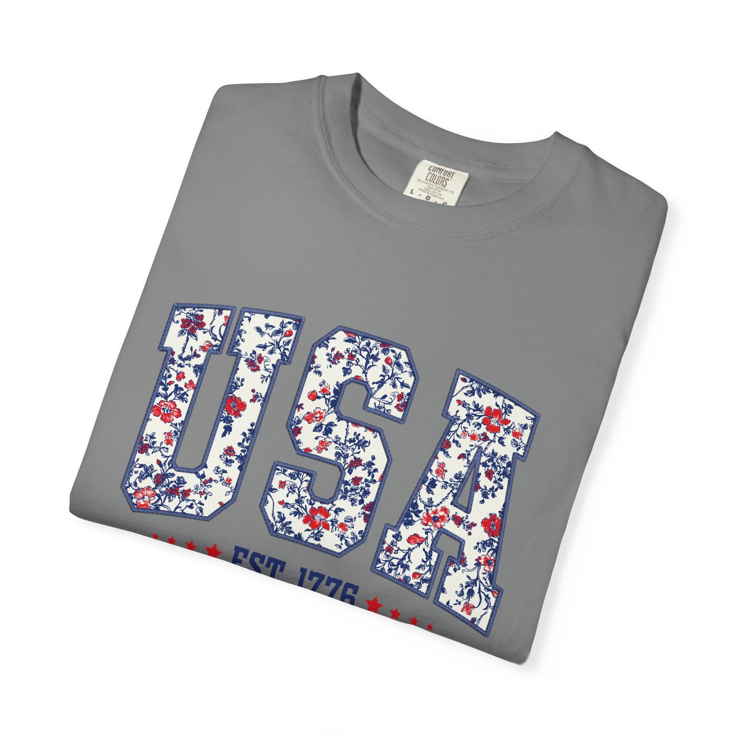 Comfort Colors Floral USA Shirt, 4th of July Shirt, America Est 1776 T-shirt, independence day Shirt, red white and blue shirt, patriotic