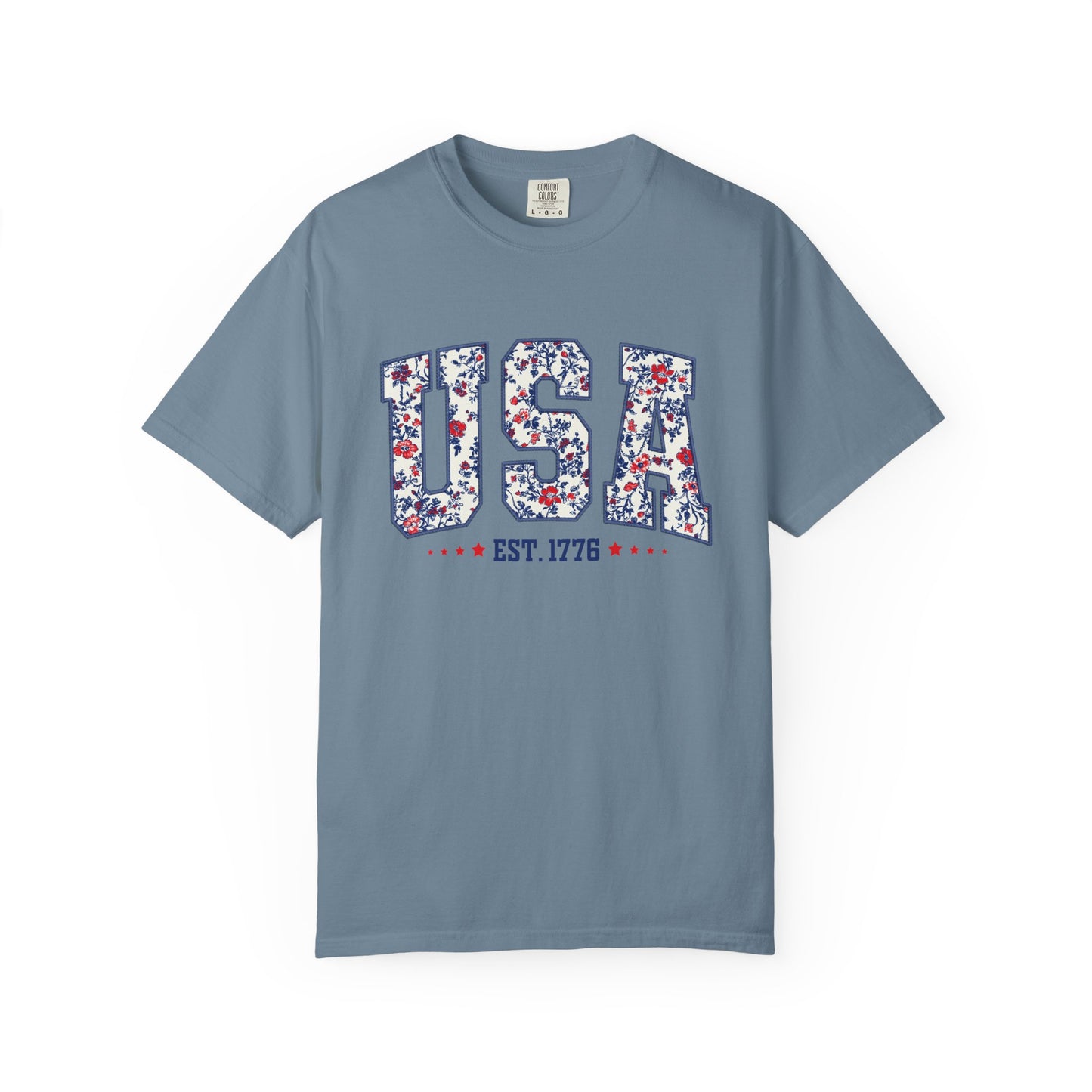 Comfort Colors Floral USA Shirt, 4th of July Shirt, America Est 1776 T-shirt, independence day Shirt, red white and blue shirt, patriotic