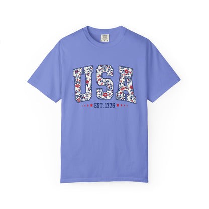 Comfort Colors Floral USA  Shirt, 4th of July Shirt, America Est 1776 T-shirt, independence day Shirt, red white and blue shirt, patriotic