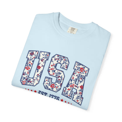 Comfort Colors Floral USA  Shirt, 4th of July Shirt, America Est 1776 T-shirt, independence day Shirt, red white and blue shirt, patriotic