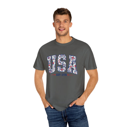 Comfort Colors Floral USA  Shirt, 4th of July Shirt, America Est 1776 T-shirt, independence day Shirt, red white and blue shirt, patriotic