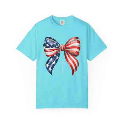 God Bless America Coquette Bow Shirt, Comfort Colors 4th of July Tee,Women's Patriotic Shirt,Independence Day Celebration Shirt,Gift for her