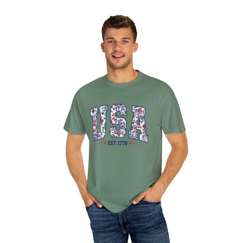 Comfort Colors Floral USA  Shirt, 4th of July Shirt, America Est 1776 T-shirt, independence day Shirt, red white and blue shirt, patriotic