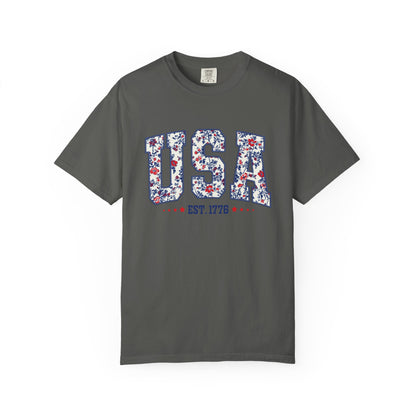 Comfort Colors Floral USA  Shirt, 4th of July Shirt, America Est 1776 T-shirt, independence day Shirt, red white and blue shirt, patriotic