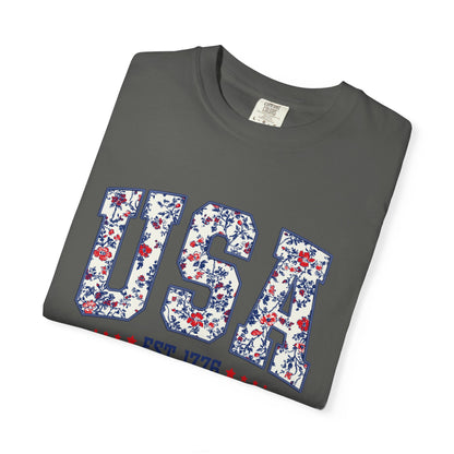 Comfort Colors Floral USA  Shirt, 4th of July Shirt, America Est 1776 T-shirt, independence day Shirt, red white and blue shirt, patriotic