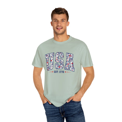 Comfort Colors Floral USA  Shirt, 4th of July Shirt, America Est 1776 T-shirt, independence day Shirt, red white and blue shirt, patriotic