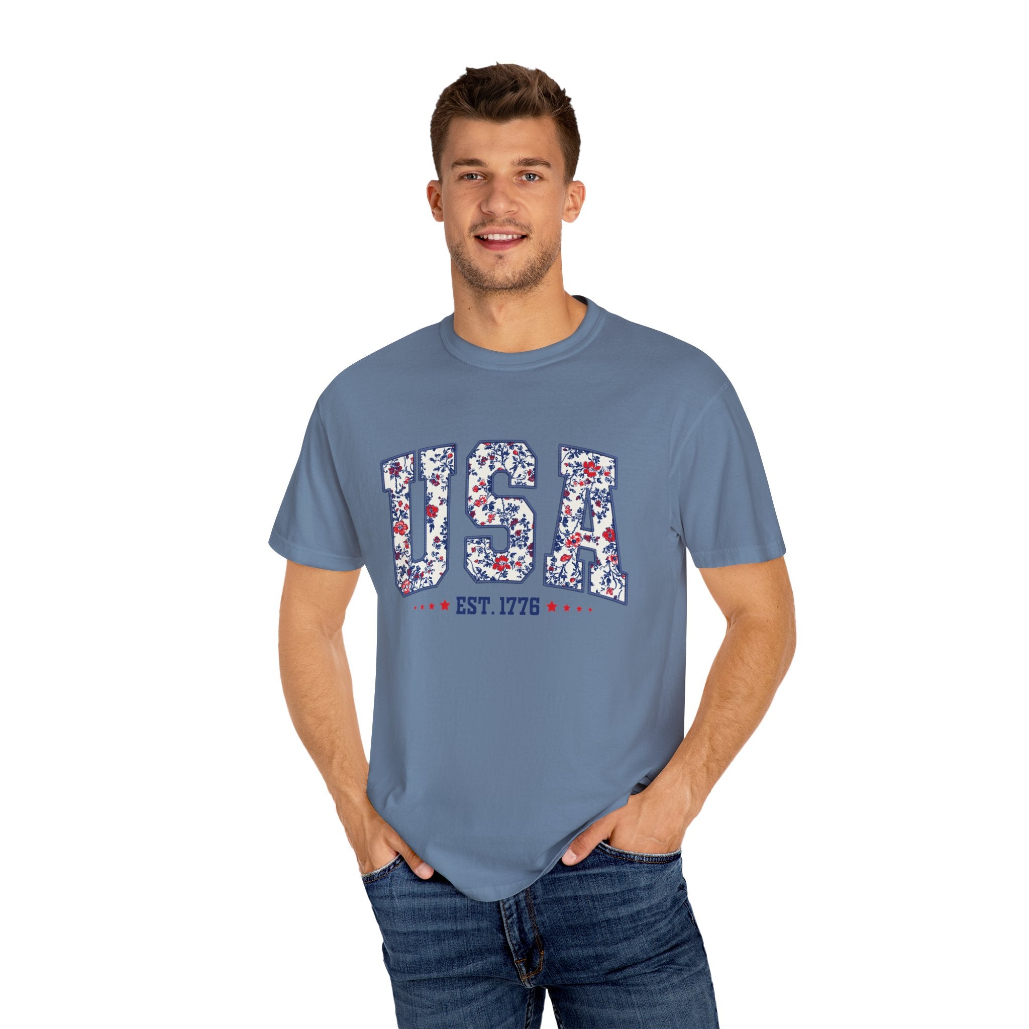 Comfort Colors Floral USA  Shirt, 4th of July Shirt, America Est 1776 T-shirt, independence day Shirt, red white and blue shirt, patriotic