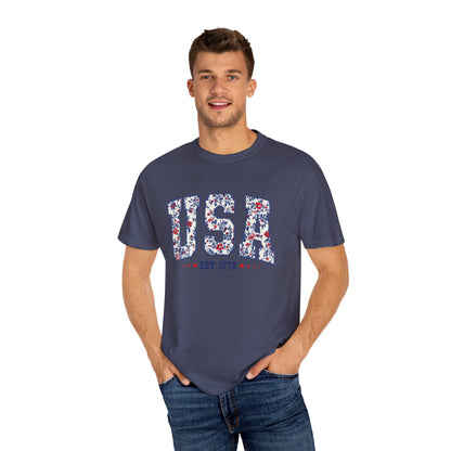 Comfort Colors Floral USA  Shirt, 4th of July Shirt, America Est 1776 T-shirt, independence day Shirt, red white and blue shirt, patriotic