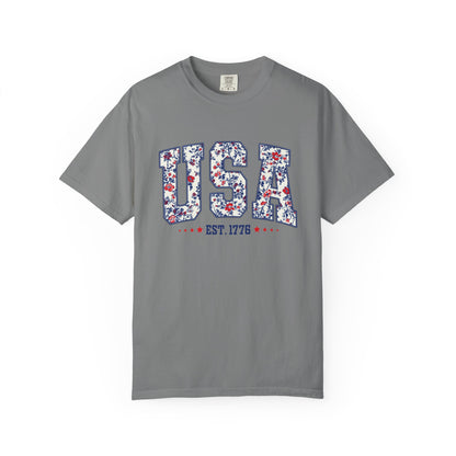 Comfort Colors Floral USA  Shirt, 4th of July Shirt, America Est 1776 T-shirt, independence day Shirt, red white and blue shirt, patriotic