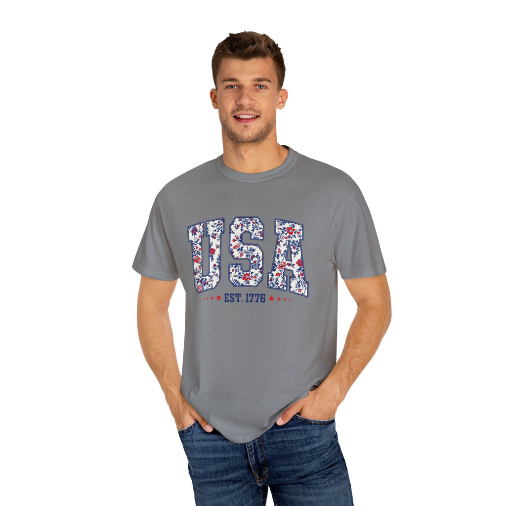 Comfort Colors Floral USA  Shirt, 4th of July Shirt, America Est 1776 T-shirt, independence day Shirt, red white and blue shirt, patriotic
