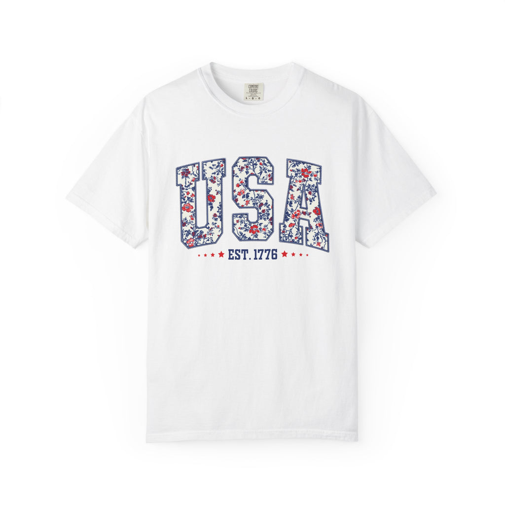 Comfort Colors Floral USA  Shirt, 4th of July Shirt, America Est 1776 T-shirt, independence day Shirt, red white and blue shirt, patriotic