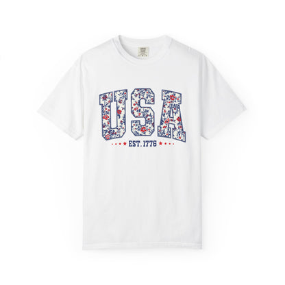 Comfort Colors Floral USA  Shirt, 4th of July Shirt, America Est 1776 T-shirt, independence day Shirt, red white and blue shirt, patriotic