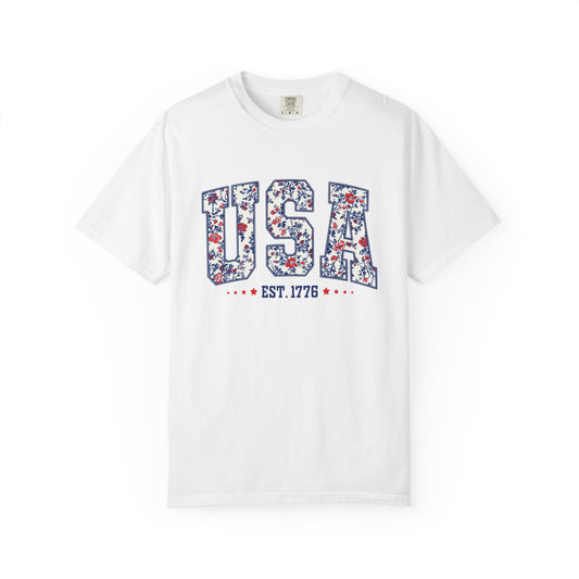 Comfort Colors Floral USA  Shirt, 4th of July Shirt, America Est 1776 T-shirt, independence day Shirt, red white and blue shirt, patriotic