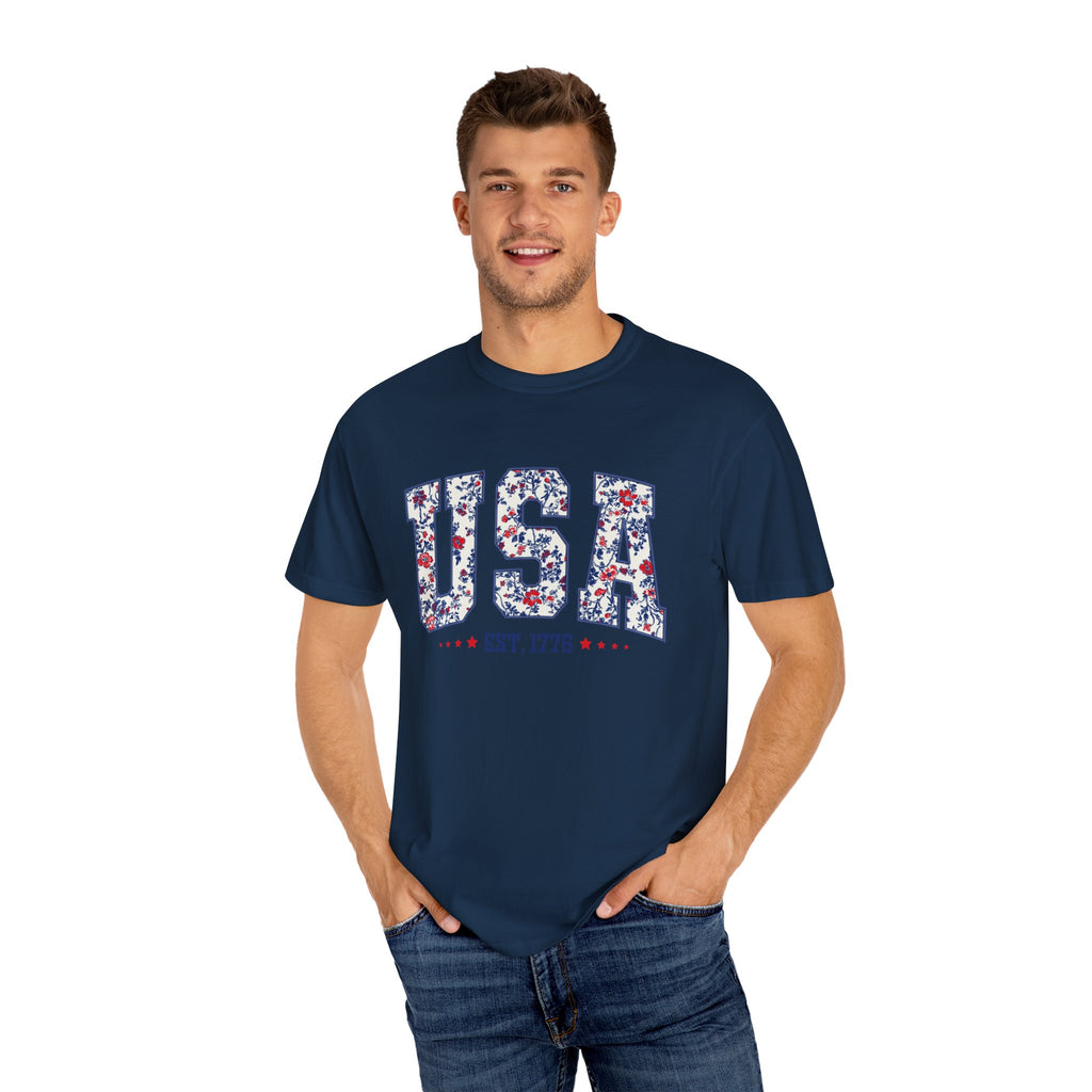 Comfort Colors Floral USA  Shirt, 4th of July Shirt, America Est 1776 T-shirt, independence day Shirt, red white and blue shirt, patriotic