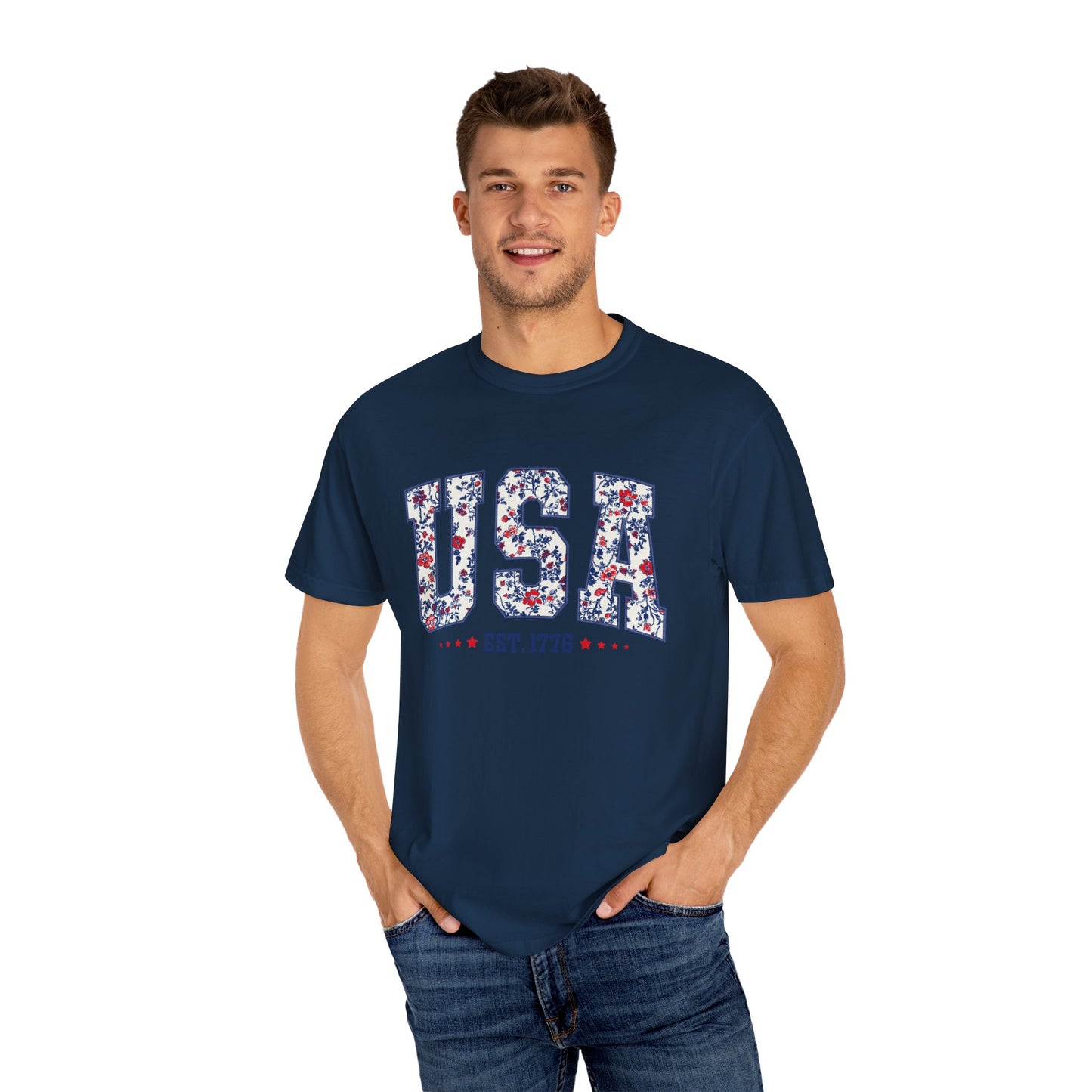 Comfort Colors Floral USA  Shirt, 4th of July Shirt, America Est 1776 T-shirt, independence day Shirt, red white and blue shirt, patriotic