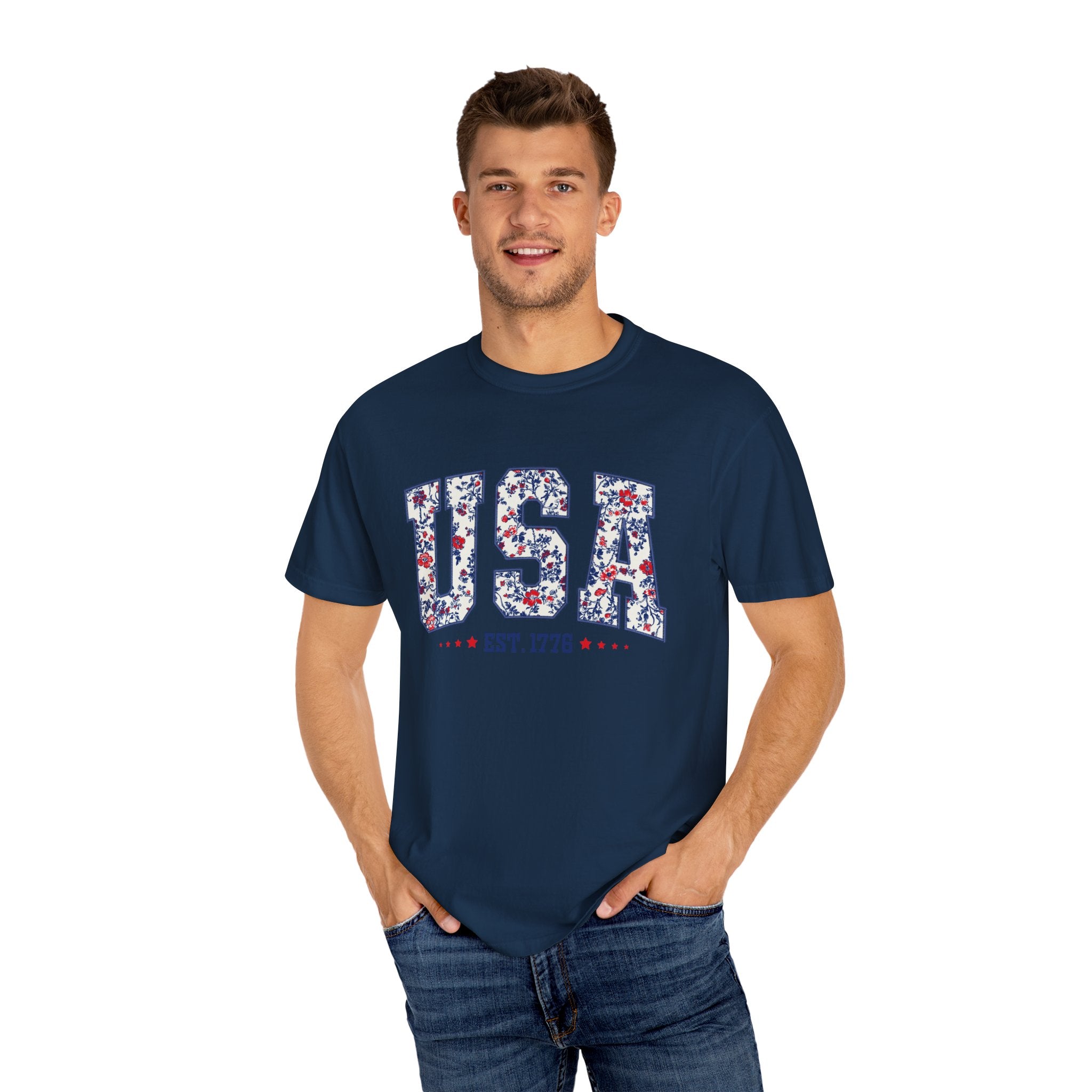 Comfort Colors Floral USA  Shirt, 4th of July Shirt, America Est 1776 T-shirt, independence day Shirt, red white and blue shirt, patriotic