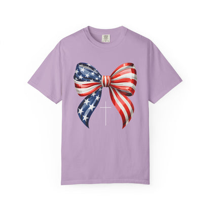 God Bless America Coquette Bow Shirt, Comfort Colors 4th of July Tee,Women's Patriotic Shirt,Independence Day Celebration Shirt,Gift for her