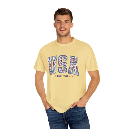 Comfort Colors Floral USA  Shirt, 4th of July Shirt, America Est 1776 T-shirt, independence day Shirt, red white and blue shirt, patriotic