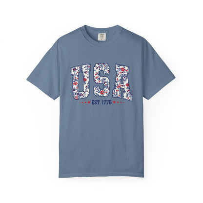 Comfort Colors Floral USA  Shirt, 4th of July Shirt, America Est 1776 T-shirt, independence day Shirt, red white and blue shirt, patriotic