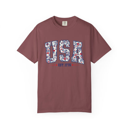 Comfort Colors Floral USA  Shirt, 4th of July Shirt, America Est 1776 T-shirt, independence day Shirt, red white and blue shirt, patriotic