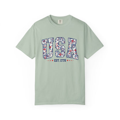 Comfort Colors Floral USA  Shirt, 4th of July Shirt, America Est 1776 T-shirt, independence day Shirt, red white and blue shirt, patriotic