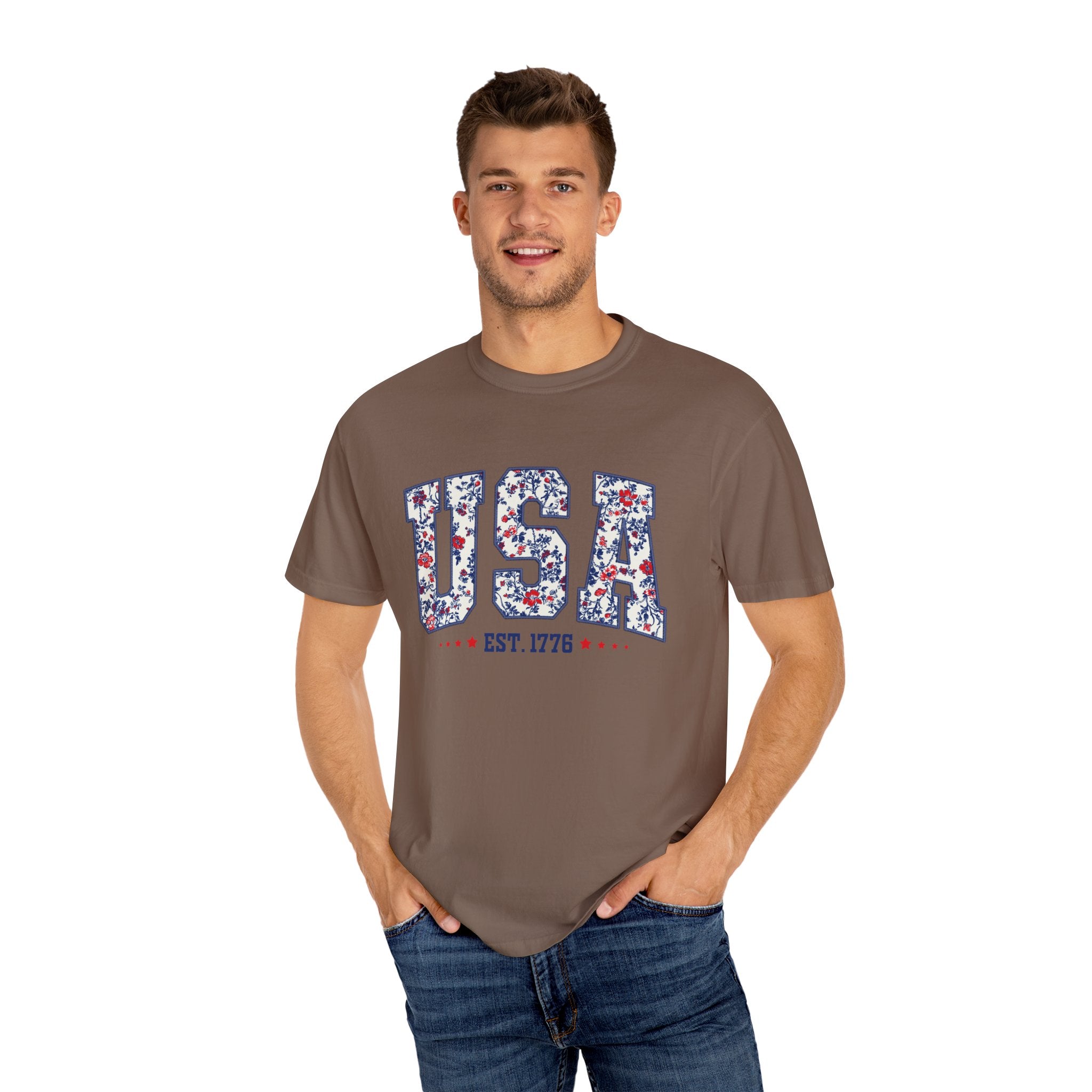 Comfort Colors Floral USA  Shirt, 4th of July Shirt, America Est 1776 T-shirt, independence day Shirt, red white and blue shirt, patriotic