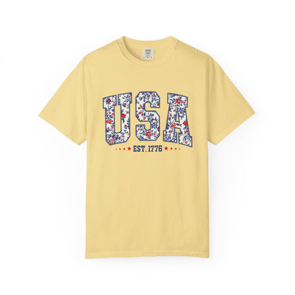 Comfort Colors Floral USA  Shirt, 4th of July Shirt, America Est 1776 T-shirt, independence day Shirt, red white and blue shirt, patriotic