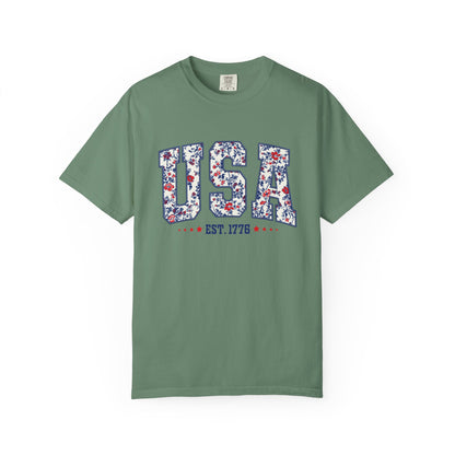 Comfort Colors Floral USA  Shirt, 4th of July Shirt, America Est 1776 T-shirt, independence day Shirt, red white and blue shirt, patriotic