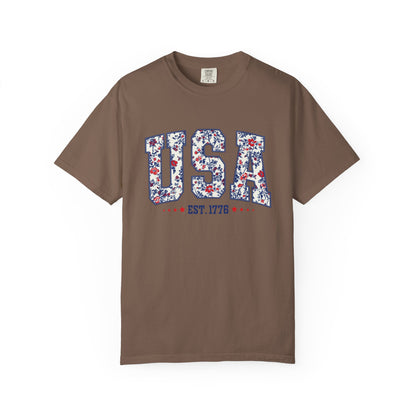 Comfort Colors Floral USA  Shirt, 4th of July Shirt, America Est 1776 T-shirt, independence day Shirt, red white and blue shirt, patriotic