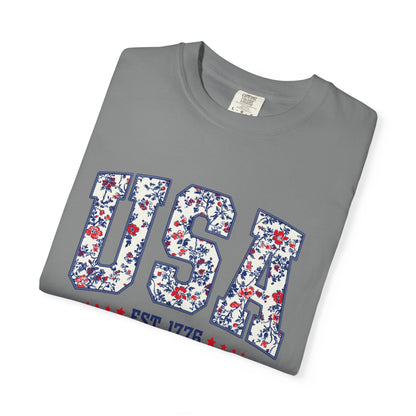 Comfort Colors Floral USA  Shirt, 4th of July Shirt, America Est 1776 T-shirt, independence day Shirt, red white and blue shirt, patriotic