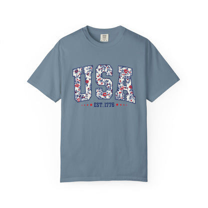 Comfort Colors Floral USA  Shirt, 4th of July Shirt, America Est 1776 T-shirt, independence day Shirt, red white and blue shirt, patriotic